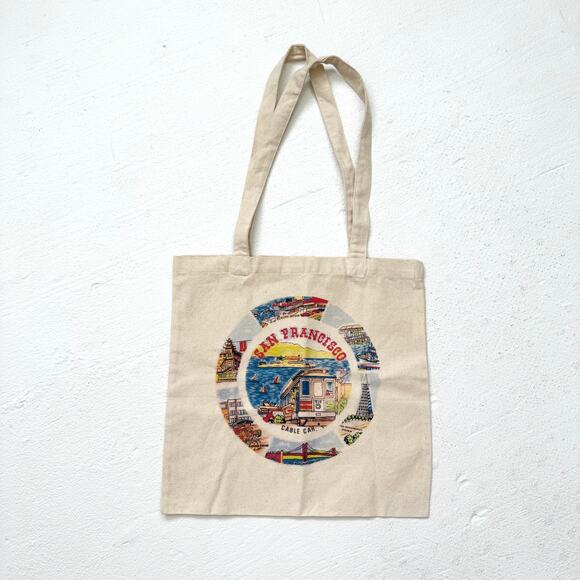 San Francisco Cable Car Graphic Canvas Tote Bag Natural 100% Cotton - Picture 1 of 5